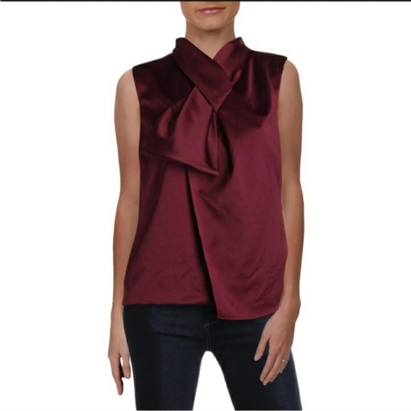 Tahari Beautiful Burgundy Satin Sleeveless Blouse 👚 with Attached Scarf - Picture 3 of 8